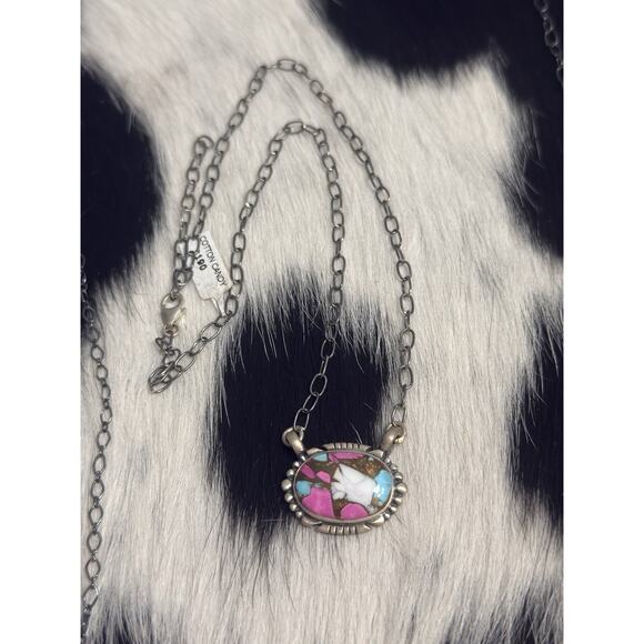 Native American SW Sterling Silver Cotton Candy Turquoise Oval Bar Necklace - Picture 4 of 7